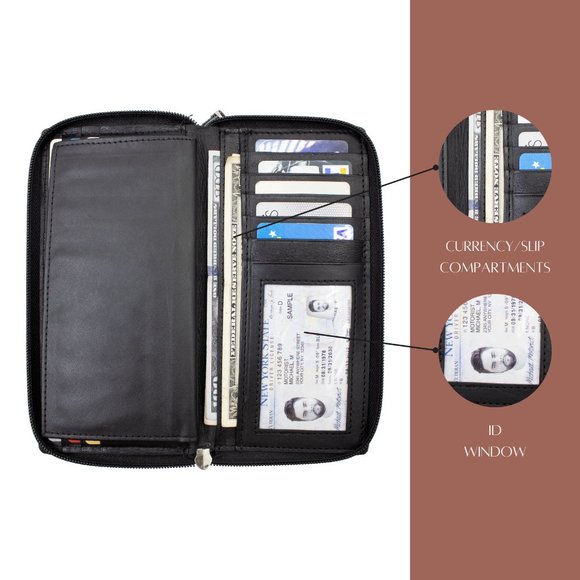 RFID Blocking Leather Black Checkbook Cover, ID Holder, Credit Card & Currency - Picture 3 of 14